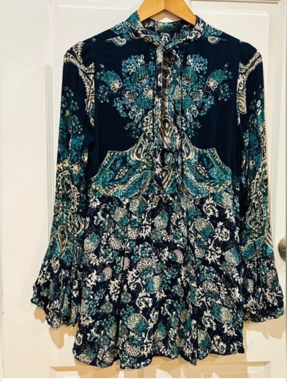 Free People Lady Luck Paisley Boho Tunic Fairy Festival Top Blue Teal Size M - Picture 2 of 2